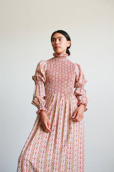 1960s Smock Pink Floral Print Maxi Dress