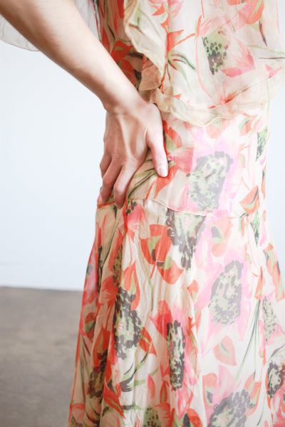 1920s Print Chiffon Capelet Drop Waist Dress