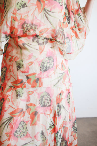 1920s Print Chiffon Capelet Drop Waist Dress