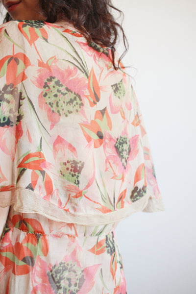 1920s Print Chiffon Capelet Drop Waist Dress