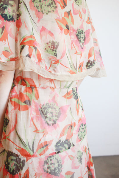 1920s Print Chiffon Capelet Drop Waist Dress