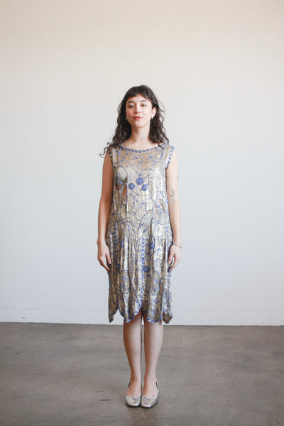1920s Lamé Blue Beaded Flapper Dress