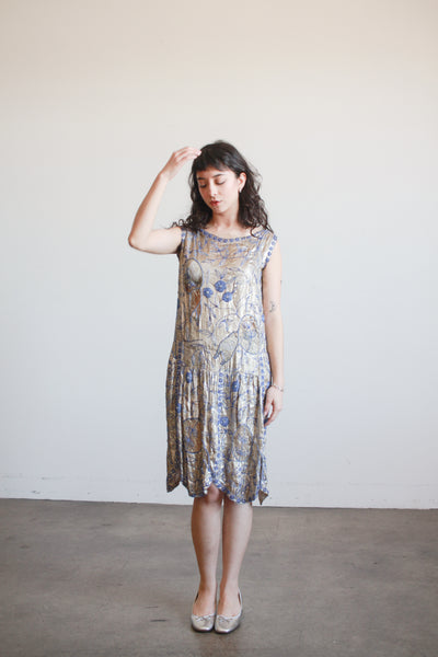 1920s Lamé Blue Beaded Flapper Dress