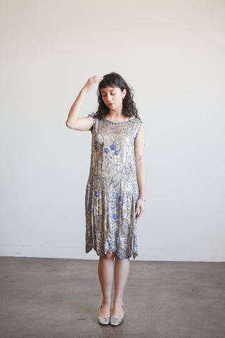 1920s Lamé Blue Beaded Flapper Dress