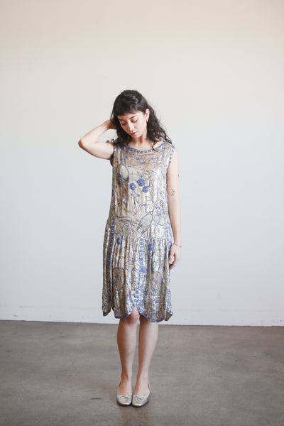 1920s Lamé Blue Beaded Flapper Dress