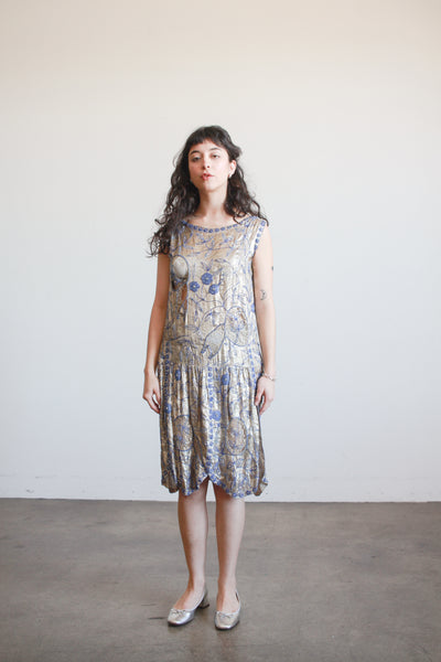 1920s Lamé Blue Beaded Flapper Dress