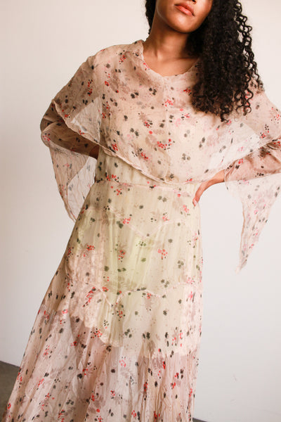 1930s Silk Chiffon Print Capelet Gown