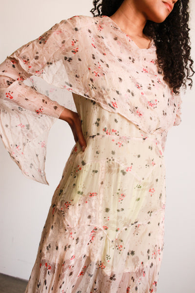 1930s Silk Chiffon Print Capelet Gown