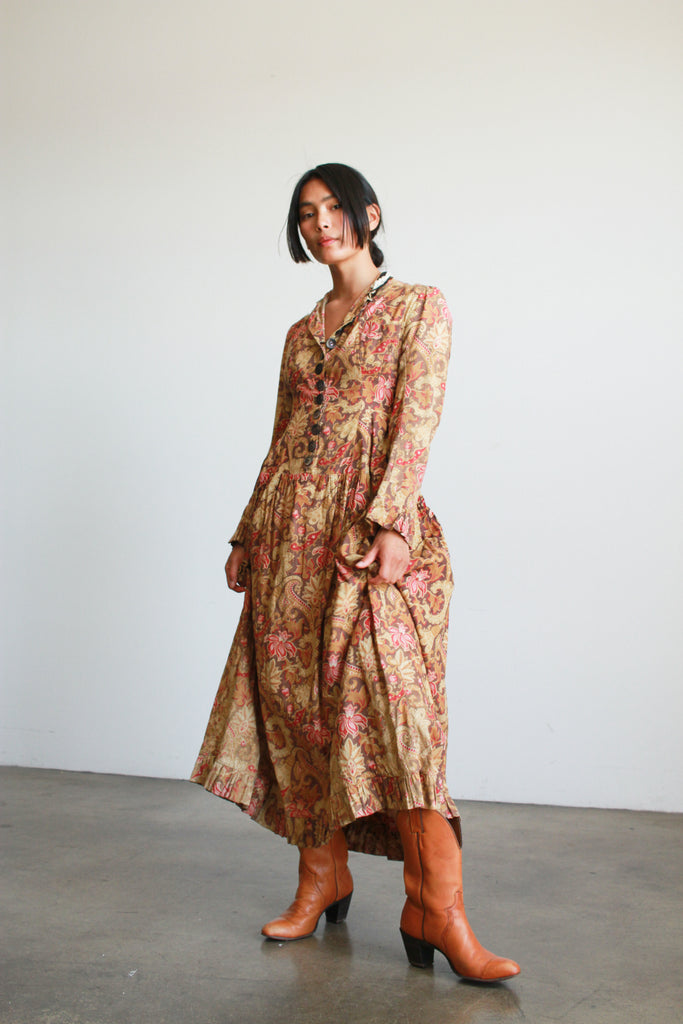 modern calico dress Antique Victorian Indigo Blue Calico Dandelion Floral Wrapper Prairie Dress