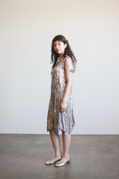 1920s Lamé Blue Beaded Flapper Dress