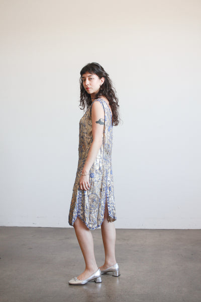 1920s Lamé Blue Beaded Flapper Dress