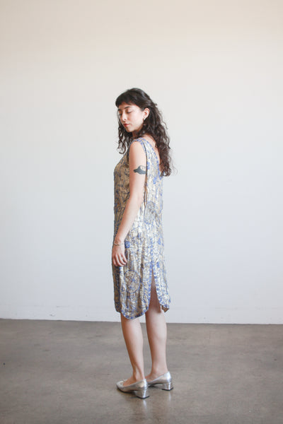 1920s Lamé Blue Beaded Flapper Dress