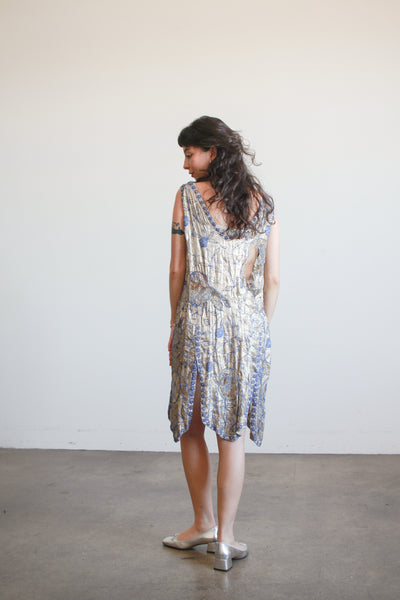 1920s Lamé Blue Beaded Flapper Dress