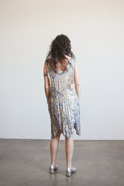 1920s Lamé Blue Beaded Flapper Dress