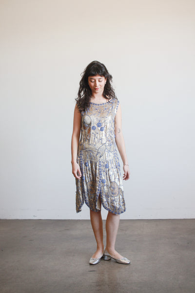 1920s Lamé Blue Beaded Flapper Dress