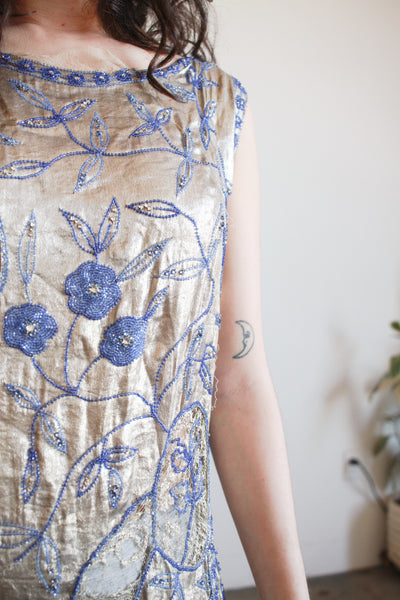1920s Lamé Blue Beaded Flapper Dress