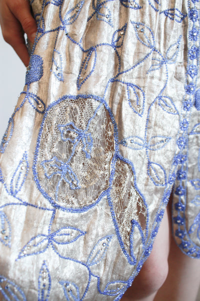 1920s Lamé Blue Beaded Flapper Dress