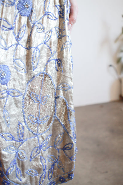 1920s Lamé Blue Beaded Flapper Dress