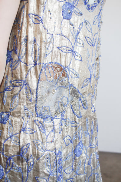 1920s Lamé Blue Beaded Flapper Dress