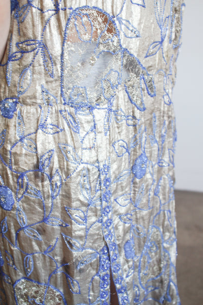1920s Lamé Blue Beaded Flapper Dress