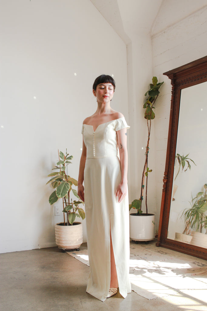 1990s Cream Off Shoulder Column Dress Blossom Vintage 1990s Cream Off Shoulder Column Dress Blossom Vintage