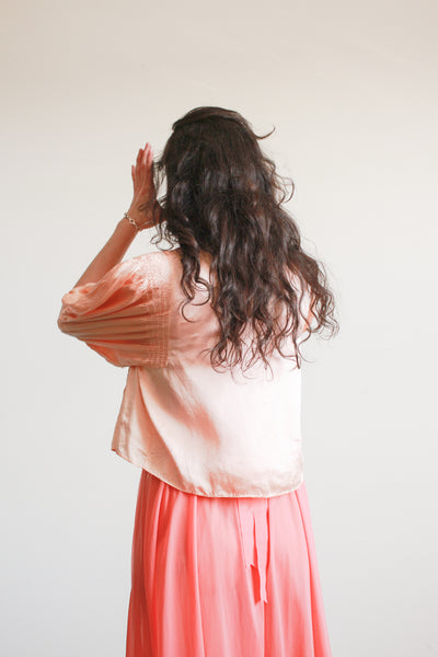 1930s Peach Silk Charmeuse Lace Smocked Puff Sleeve Bed Jacket