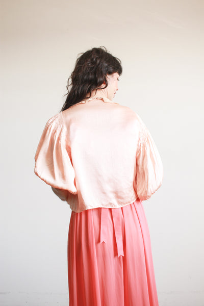 1930s Peach Silk Charmeuse Lace Smocked Puff Sleeve Bed Jacket