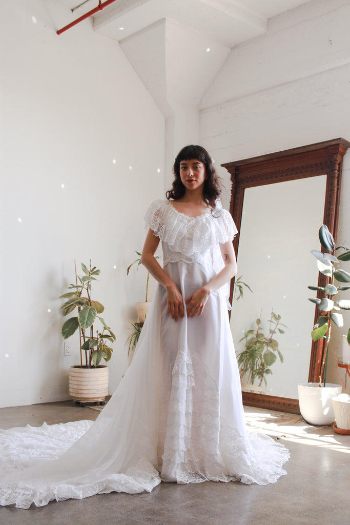 1970s lace wedding dress Vintage 1970s Bridal Originals White Cottagecore Wedding Dress Ruffle Lace Small