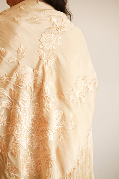 1930s Cream Floral Motif Embroidered Silk Piano Shawl