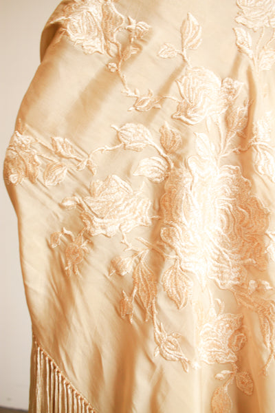 1930s Cream Floral Motif Embroidered Silk Piano Shawl