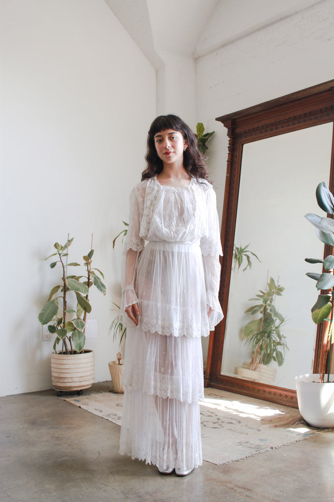 Edwardian White Net Lace Tiered Embroidered Dress Blossom Vintage Edwardian White Net Lace Tiered Embroidered Dress Blossom Vintage