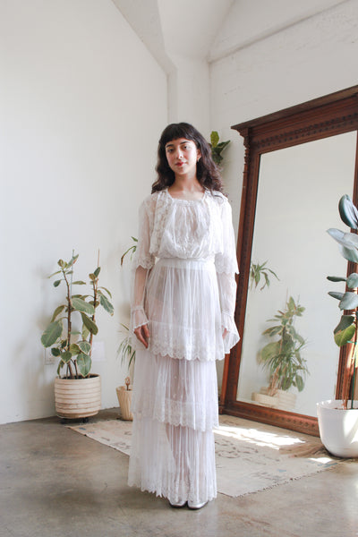 Edwardian White Net Lace Tiered Embroidered Dress Blossom Vintage Edwardian White Net Lace Tiered Embroidered Dress Blossom Vintage