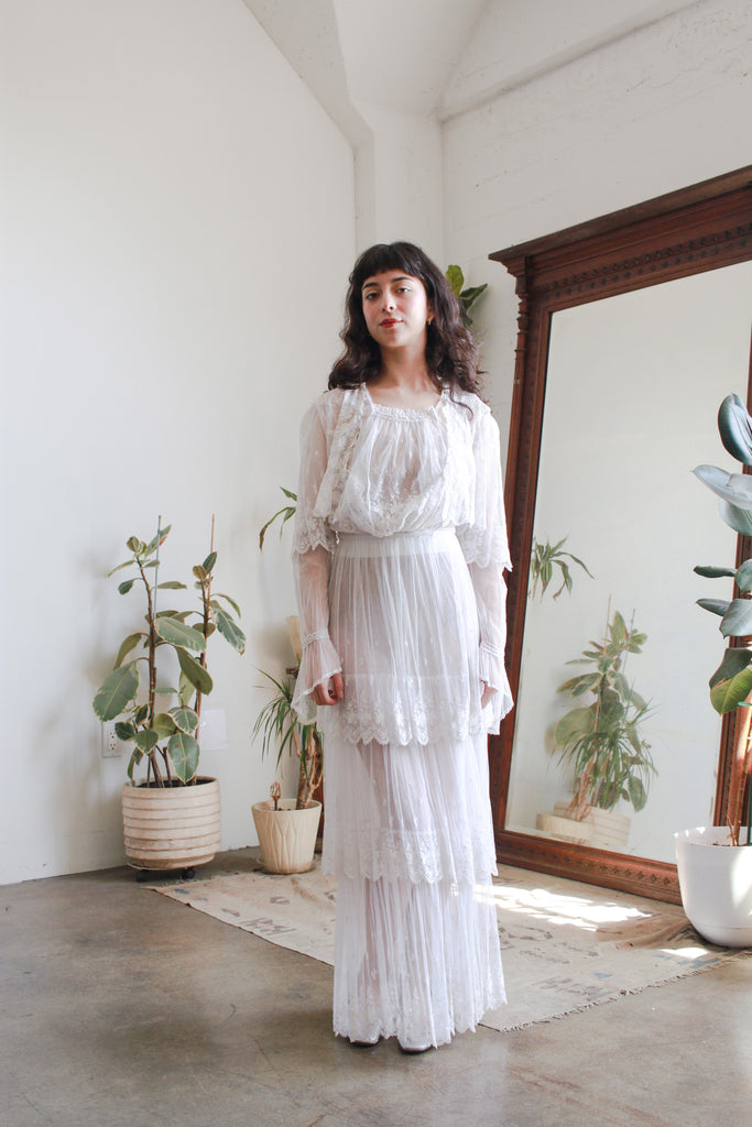 lace edwardian dress Antique Edwardian Dress 1900s White Cotton & Embroidered Eyelet Lace, XS 30 inch bust