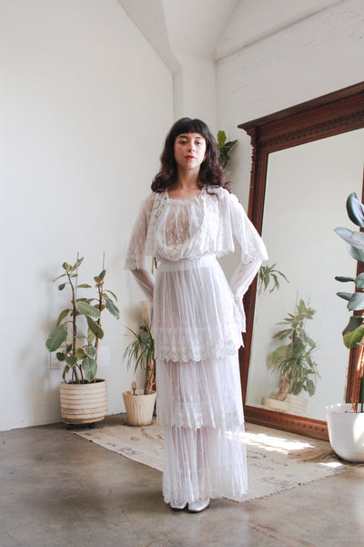 Edwardian White Net Lace Tiered Embroidered Dress Blossom Vintage Edwardian White Net Lace Tiered Embroidered Dress Blossom Vintage