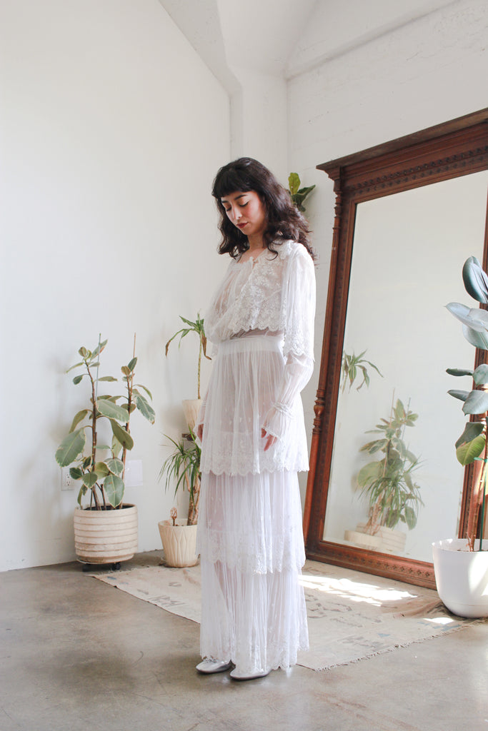 Edwardian White Net Lace Tiered Embroidered Dress Blossom Vintage Edwardian White Net Lace Tiered Embroidered Dress Blossom Vintage