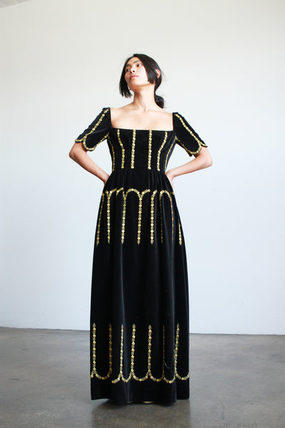 1960s Black Silk Velvet Embroidered Scallop Dress