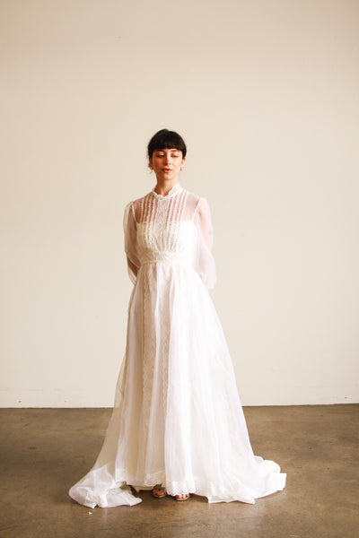 1960s White Balloon Sleeve Pleated Wedding Gown