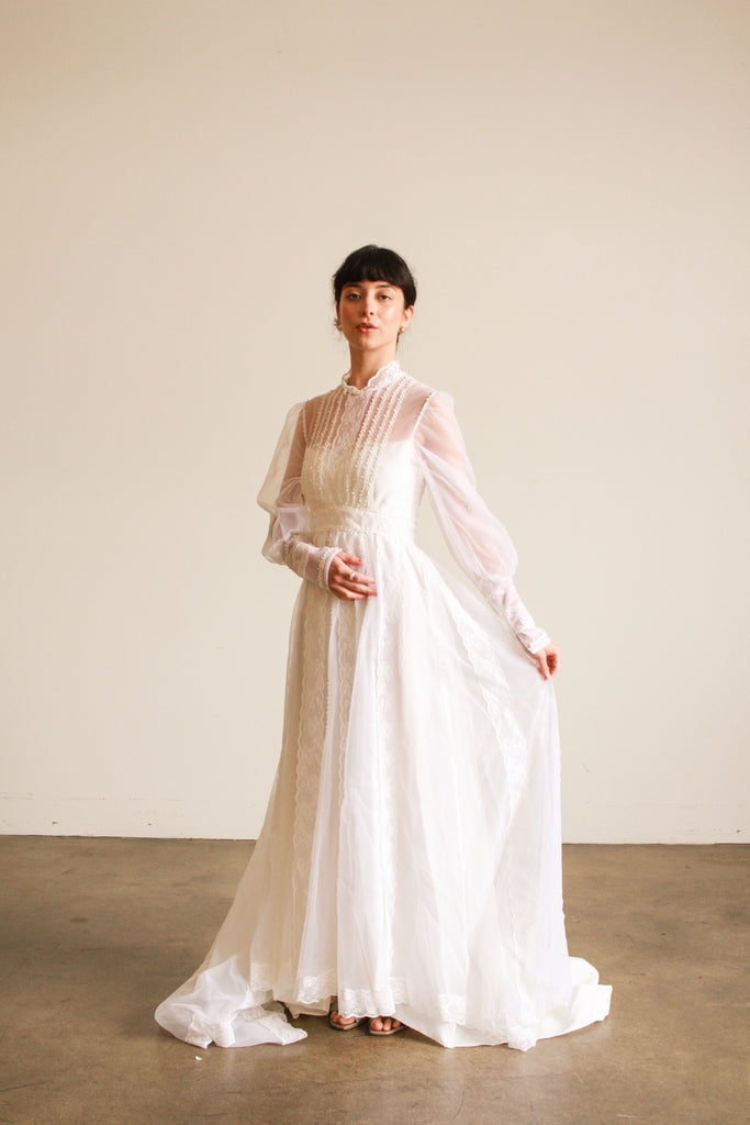 long balloon sleeve wedding dress Balloon Sleeve Pleated Flowing Floral Chiffon A-line Wedding Dress