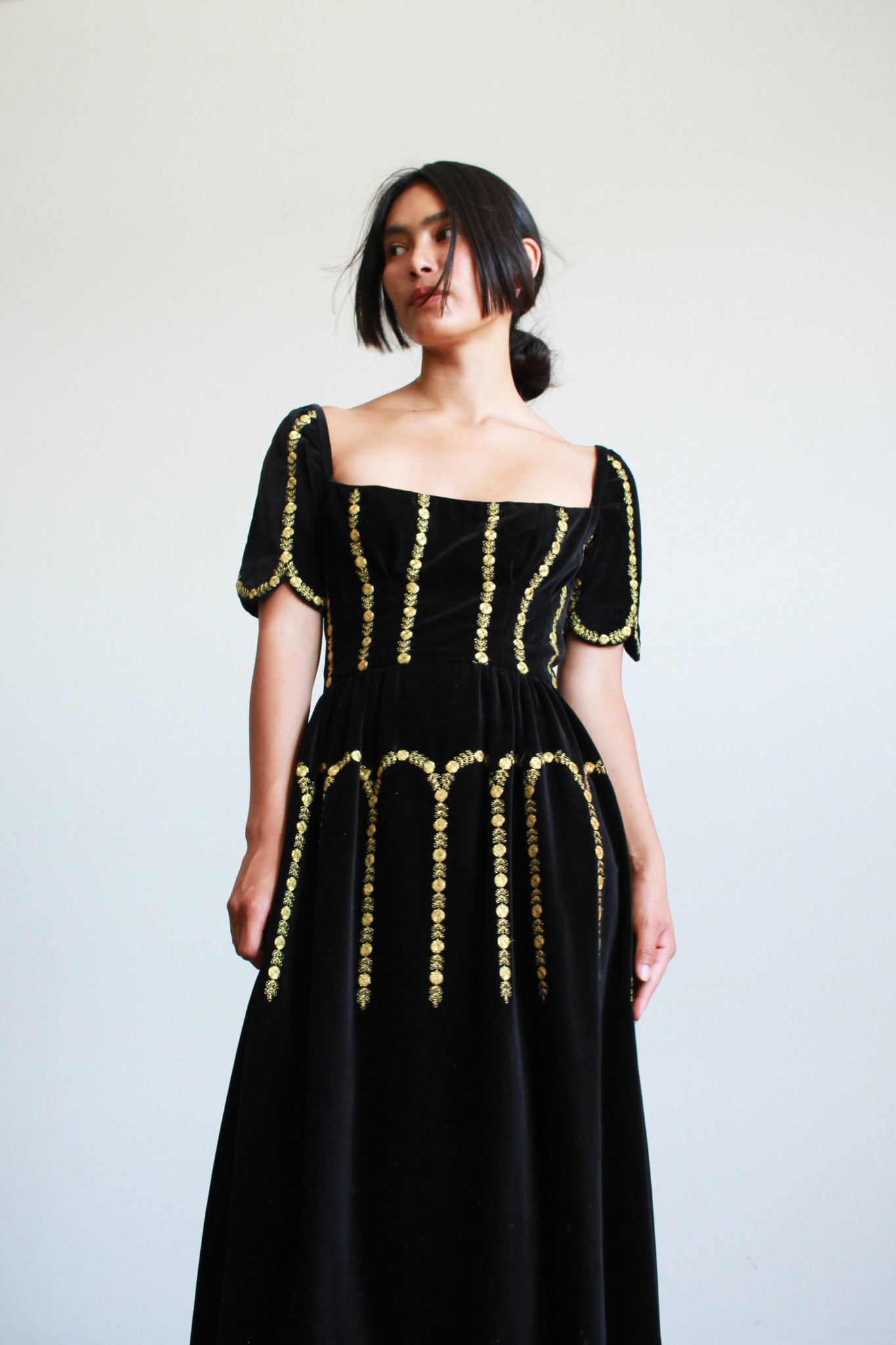 1960s Black Silk Velvet Embroidered Scallop Dress