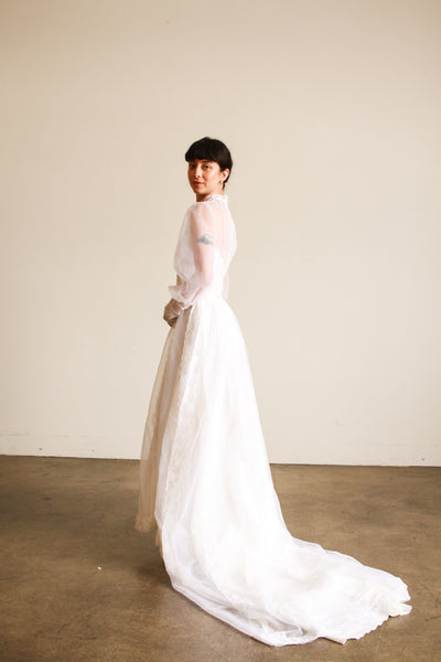 1960s White Balloon Sleeve Pleated Wedding Gown