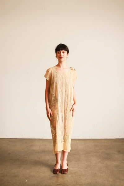 1920s Beige Filet Lace Embroidered Dress