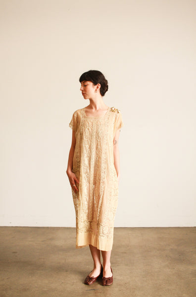 1920s Beige Filet Lace Embroidered Dress