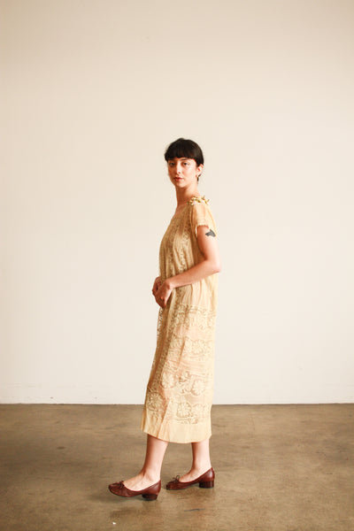 1920s Beige Filet Lace Embroidered Dress