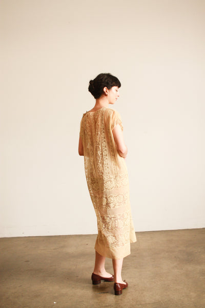 1920s Beige Filet Lace Embroidered Dress