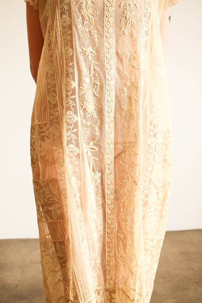 1920s Beige Filet Lace Embroidered Dress