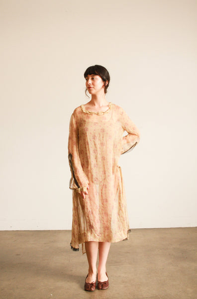 1920s Beige Silk Chiffon Print Long Sleeve Dress