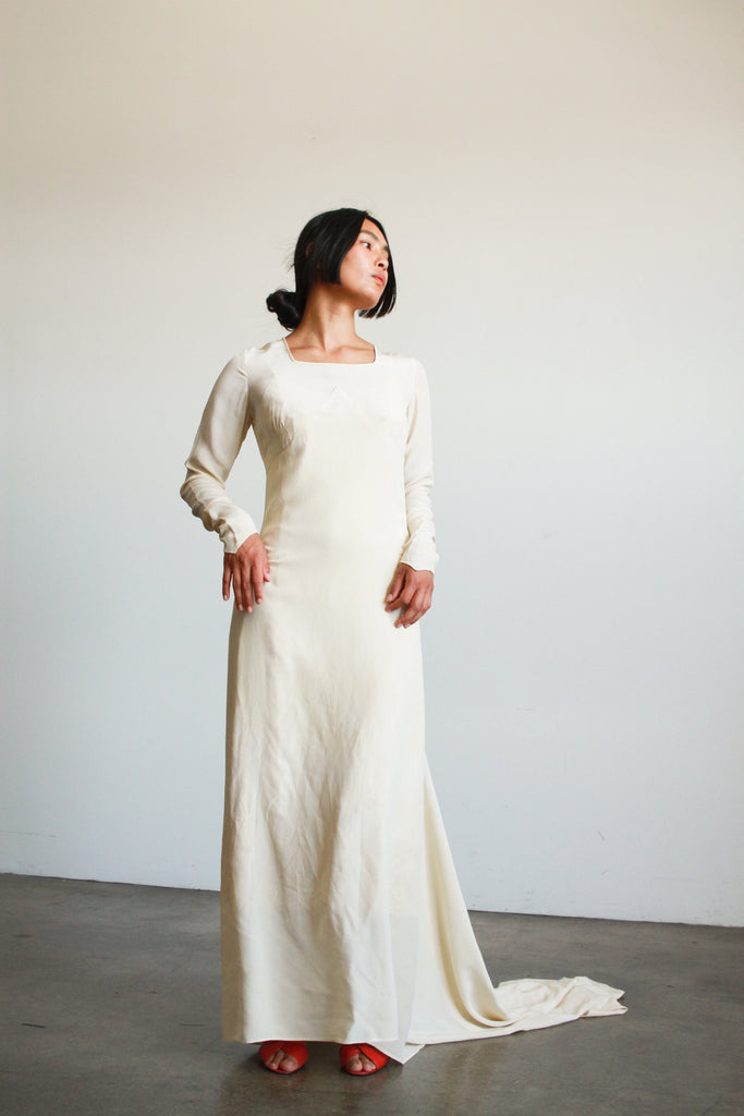 1930s Ecru Silk Bias Long Sleeve Gown 1930s Ecru Silk Bias Long Sleeve Gown