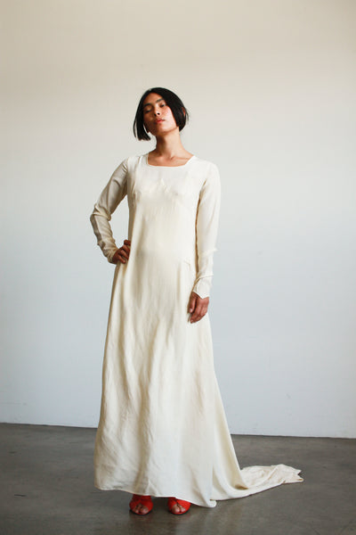 1930s Ecru Silk Bias Long Sleeve Gown