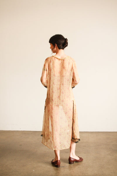 1920s Beige Silk Chiffon Print Long Sleeve Dress