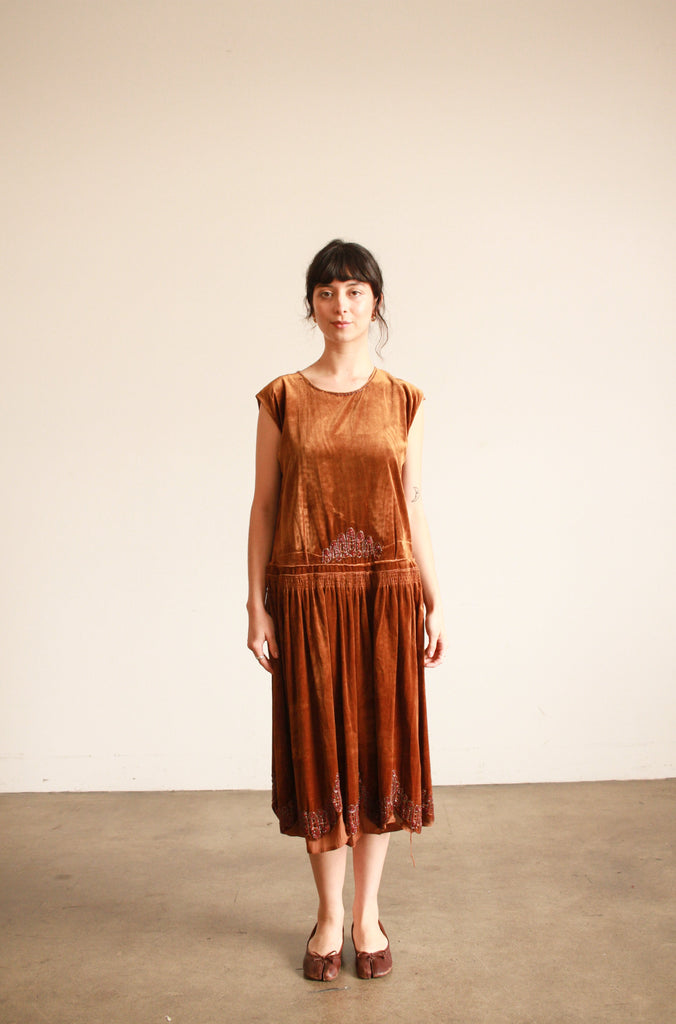 1920s Bronze Copper Silk Velvet Beaded Dress 1920s Bronze Copper Silk Velvet Beaded Dress